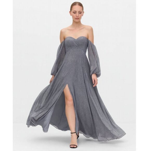 Halston Evening Off Shoulder Sweetheart Neck Pleated Gown 0 Blue NWT - Picture 1 of 9
